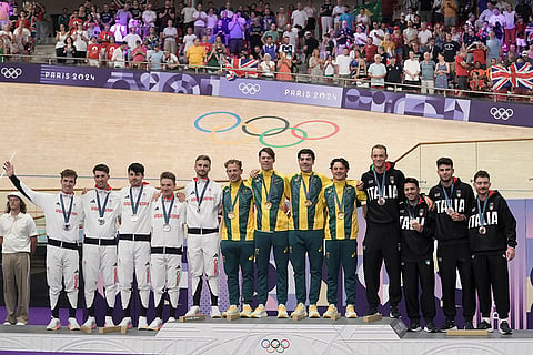 Paris Olympics Track Cycling men's team pursuit: silver medallists team Britain, gold medallists team Australia and bronze medallists team Italy